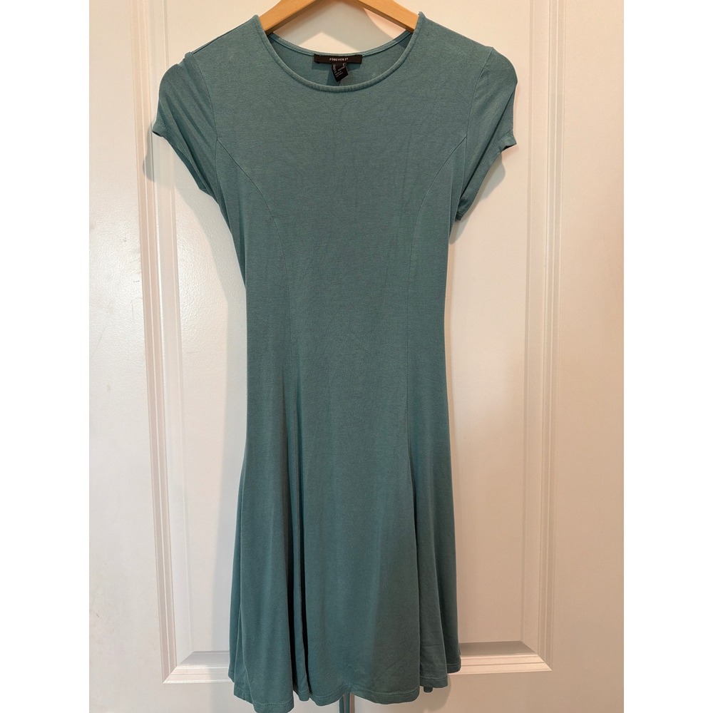Forever 21 Teal Blue Short Sleeve Fit and Flare Dress Braided Back Size Medium
